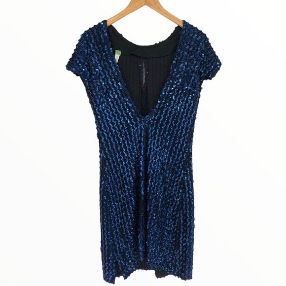 80’s Vintage Cobalt Sequin Zigzag Cap Sleeve V Back Bodycon Dress - Picture 8 of 11